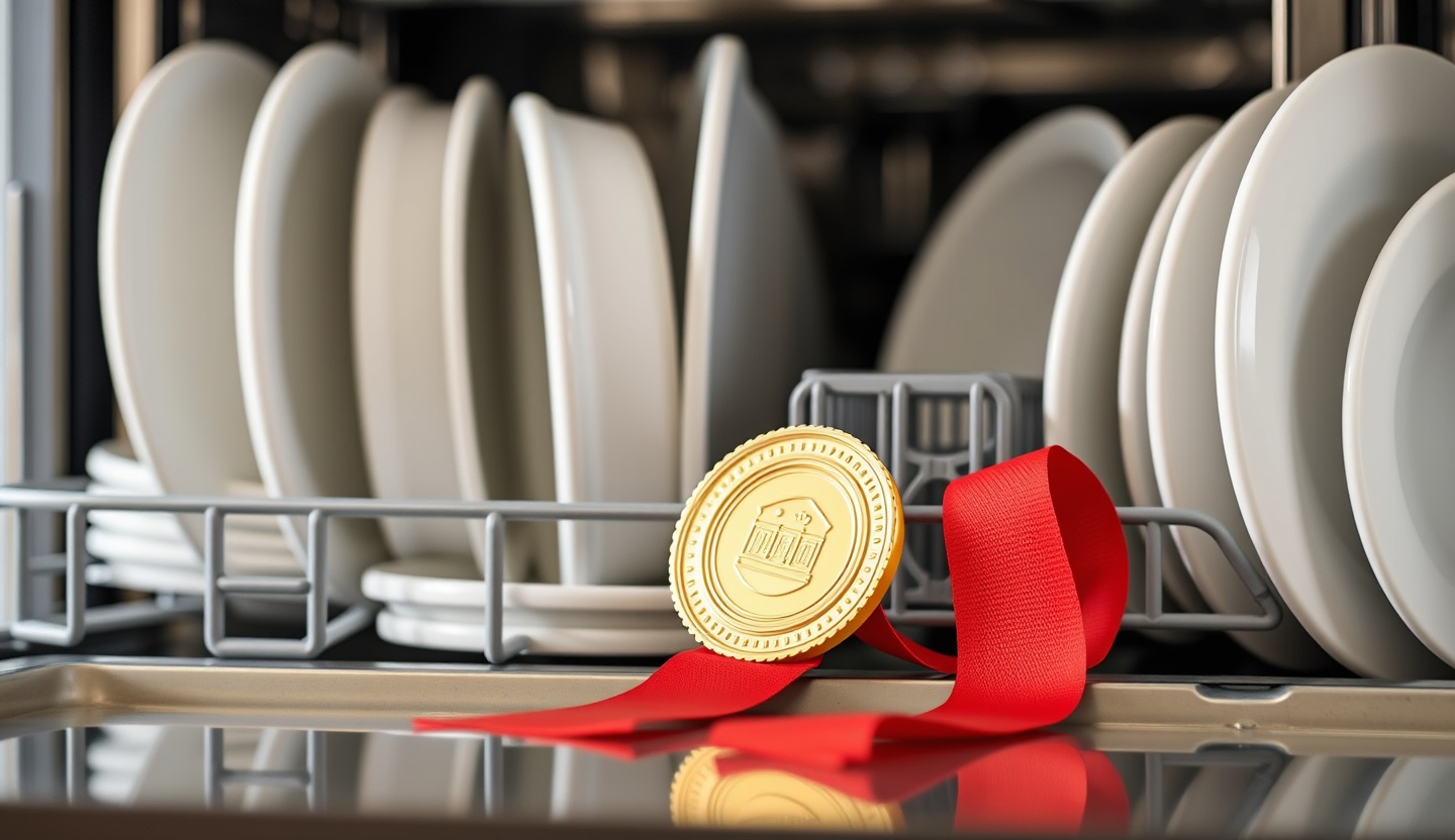 Une petite médaille dorée sur son ruban, posée à côté d'un lave-vaisselle rempli d'assiettes propres