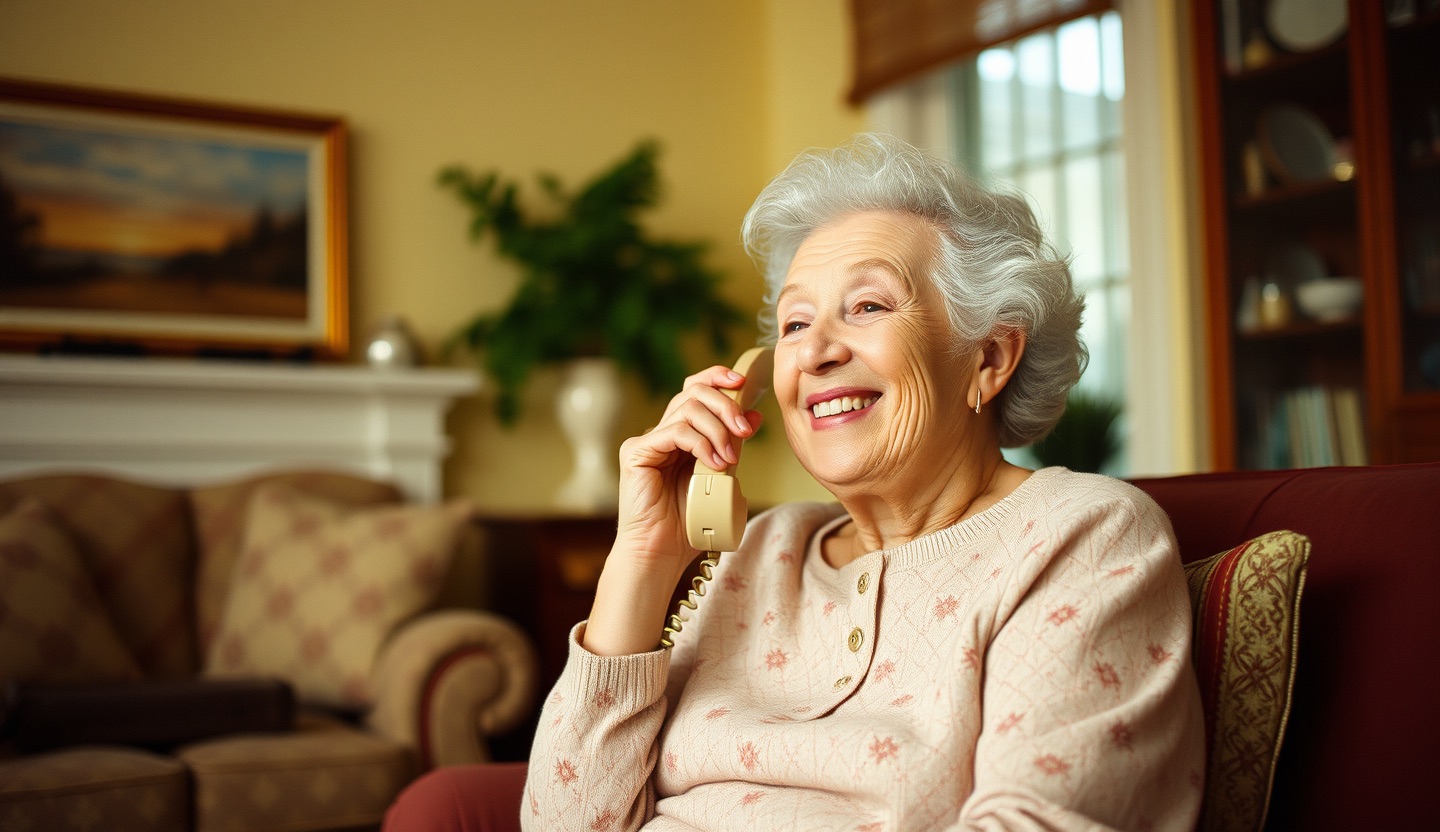 Une grand-mère souriante parle au téléphone dans un salon chaleureux
